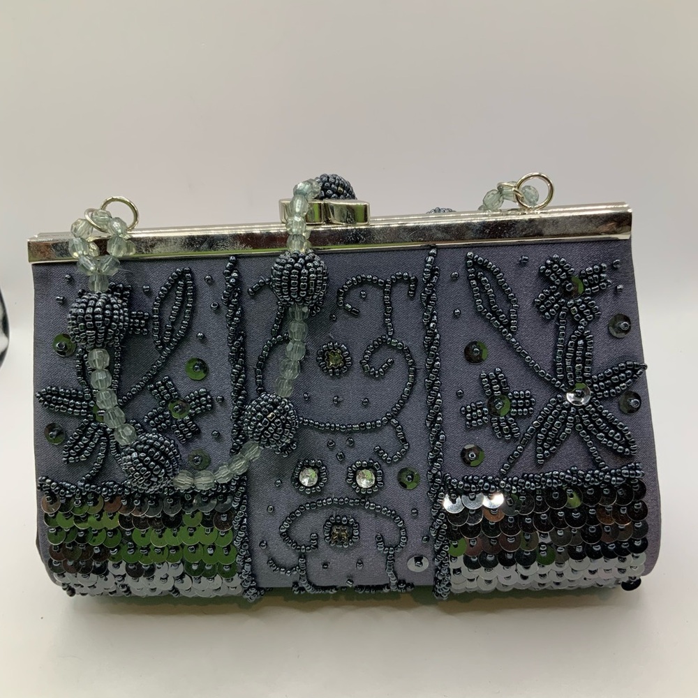 Bijoux Terner Vintage Sequins Embroidery Flower Beaded Handle Evening Clutch